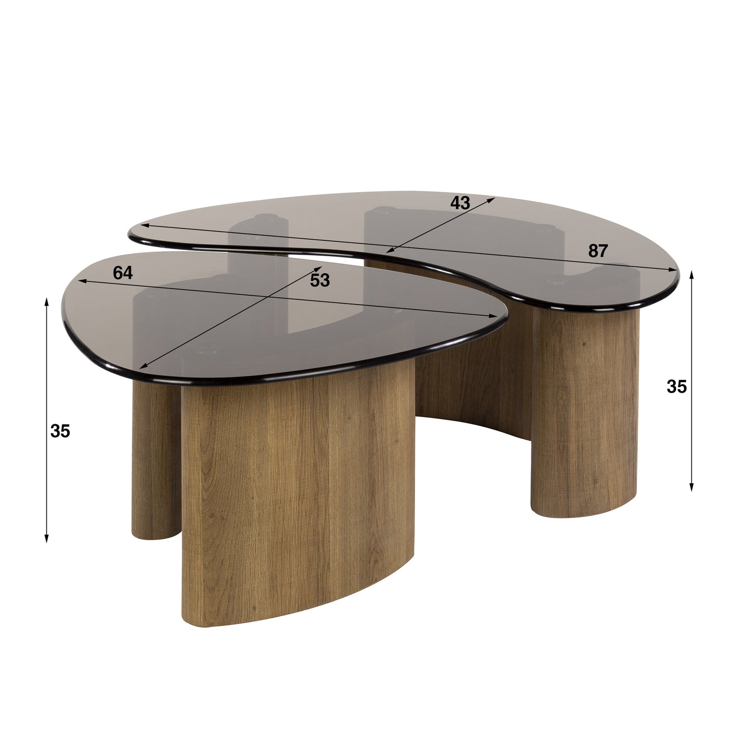 Tinta Organische Salontisch-Set aus Rauchglas (2-teilig) – Moderne Couchtische mit Eichenholz-Look