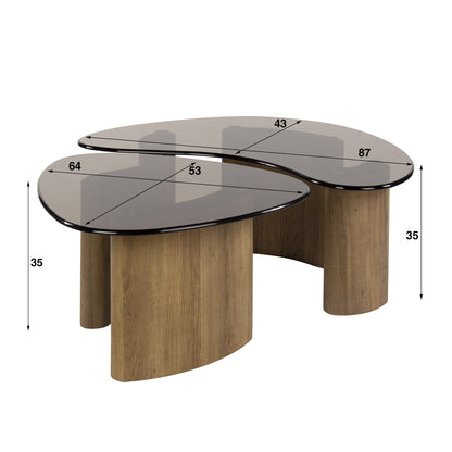 Tinta Organische Salontisch-Set aus Rauchglas (2-teilig) – Moderne Couchtische mit Eichenholz-Look