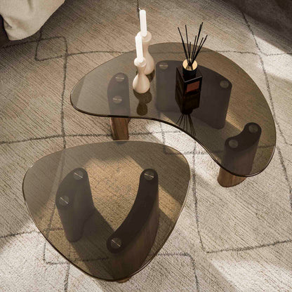 Tinta Organische Salontisch-Set aus Rauchglas (2-teilig) – Moderne Couchtische mit Eichenholz-Look