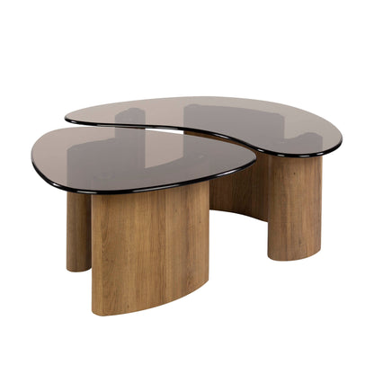 Tinta Organische Salontisch-Set aus Rauchglas (2-teilig) – Moderne Couchtische mit Eichenholz-Look