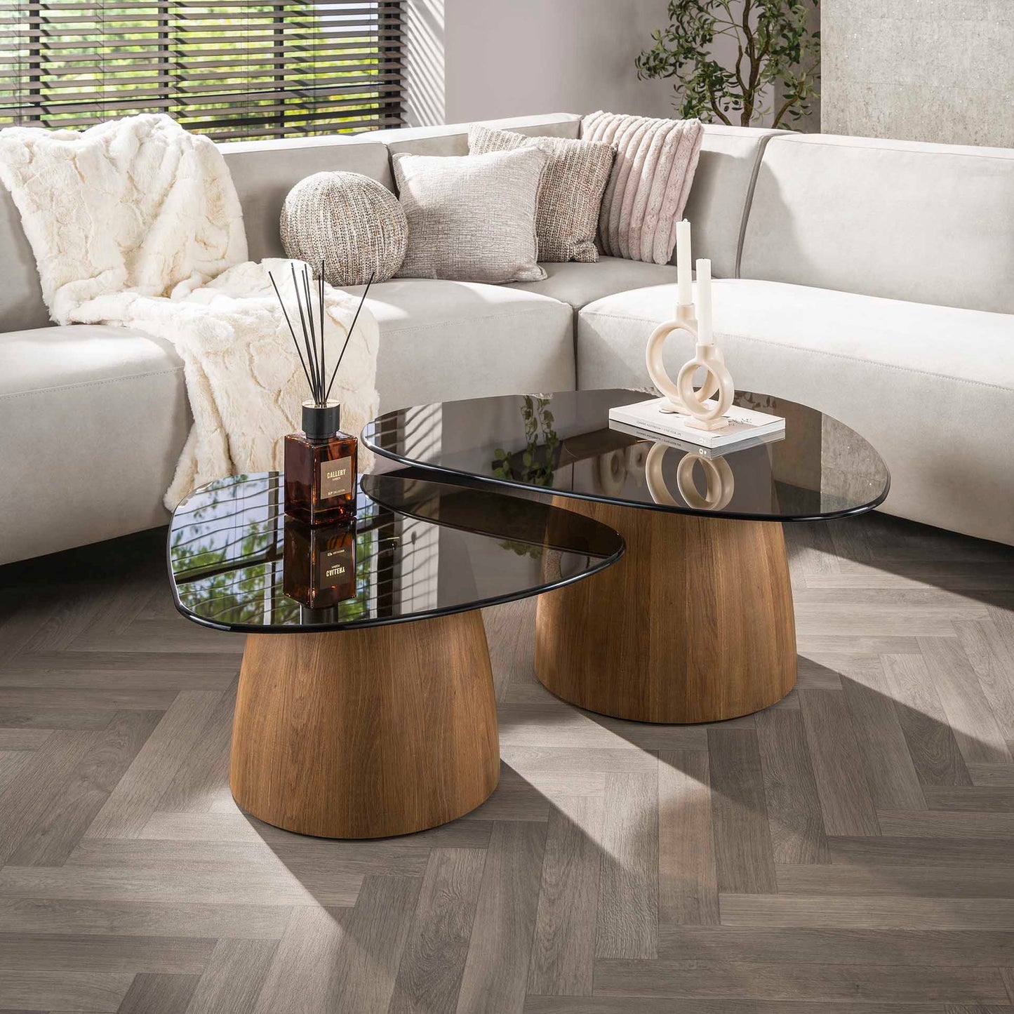 Tinta XL Organische Salontisch-Set aus Rauchglas (2-teilig) – Moderne Couchtische mit Eichenholz-Look (Kopie)