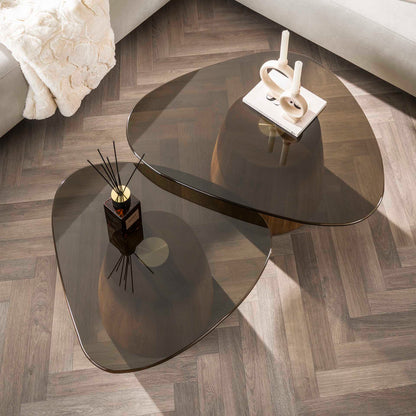 Tinta XL Organische Salontisch-Set aus Rauchglas (2-teilig) – Moderne Couchtische mit Eichenholz-Look (Kopie)